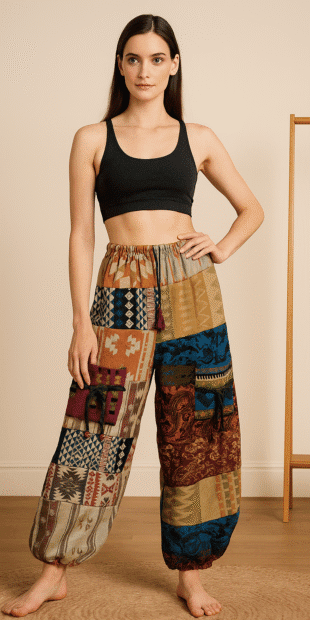 a woolen Bohemian Harem Pant with patchwork comfortable yoga pants and travel pants for winter weather
