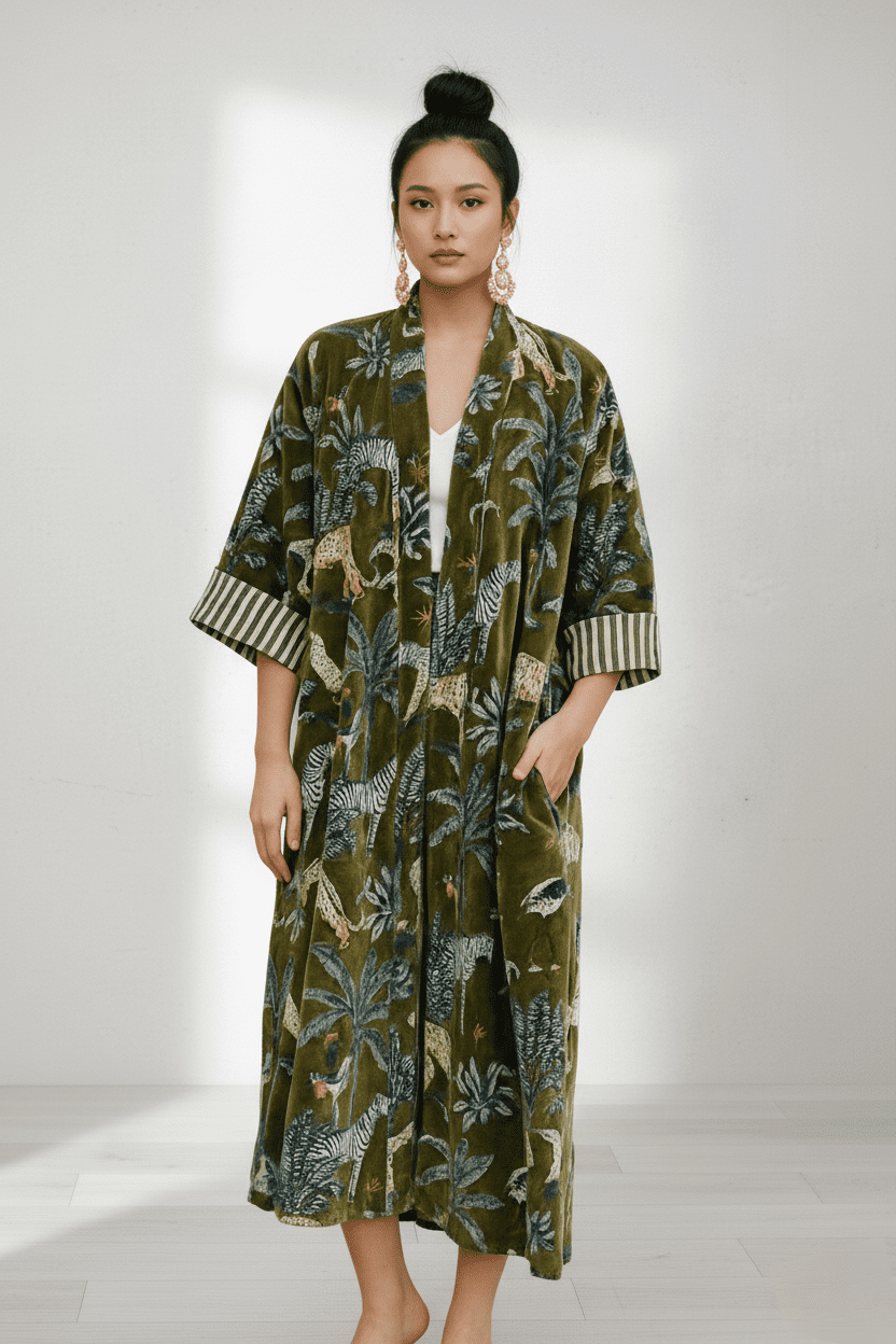 Wholesale Luxurious Velvet Jungle Print Robes | Kimono Outerwear Manufacturer & Exporter