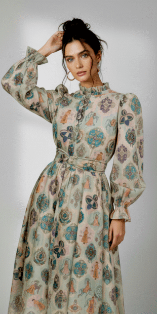 Wholesale Printed Ruffled Neck Maxi Dresses | Ethnic Motif Gown Manufacturer & Exporter