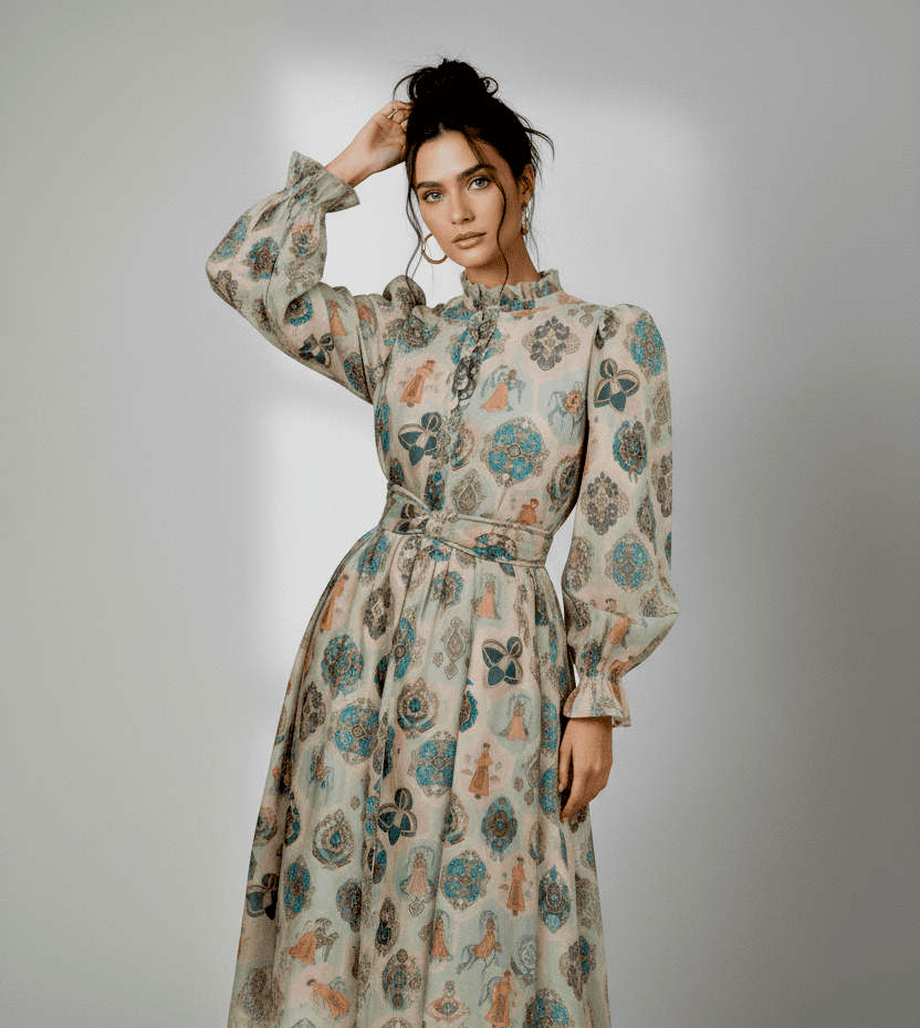 Wholesale Printed Ruffled Neck Maxi Dresses | Ethnic Motif Gown Manufacturer & Exporter