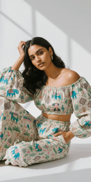 Wholesale Printed Off-Shoulder Crop Top & Pants Set | Ethnic Bohemian Co-Ord Manufacturer & Exporter