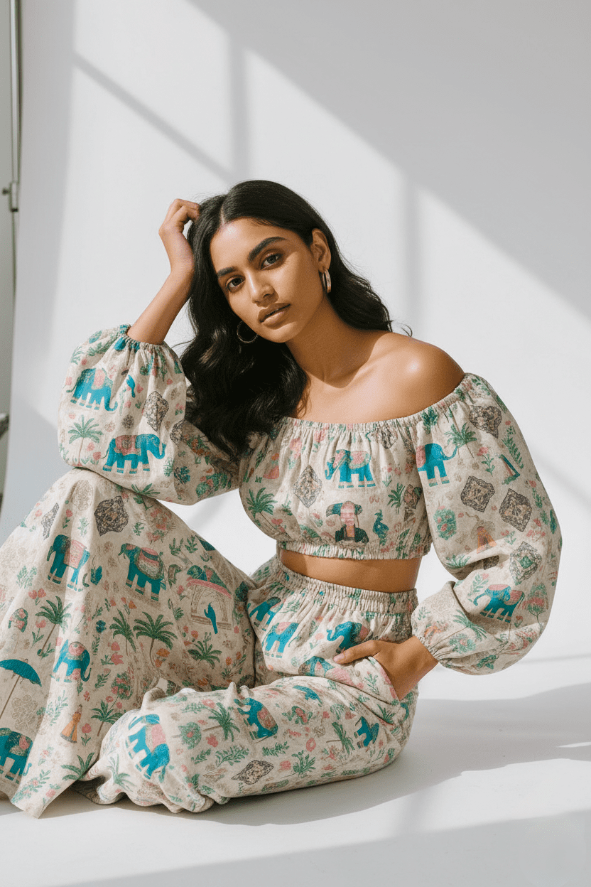 Wholesale Printed Off-Shoulder Crop Top & Pants Set | Ethnic Bohemian Co-Ord Manufacturer & Exporter