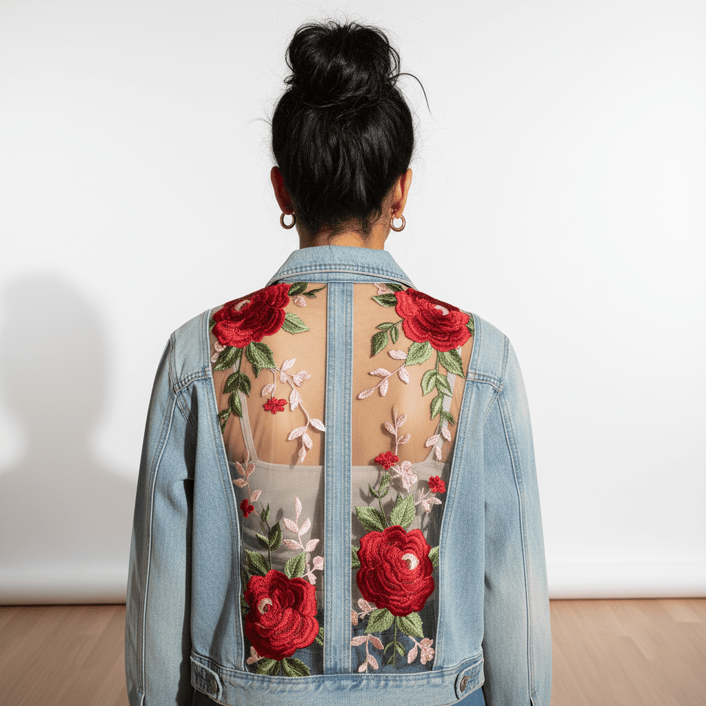 Wholesale Embroidered Sheer Back Rose Denim Jackets | Floral Outerwear Manufacturer & Exporter