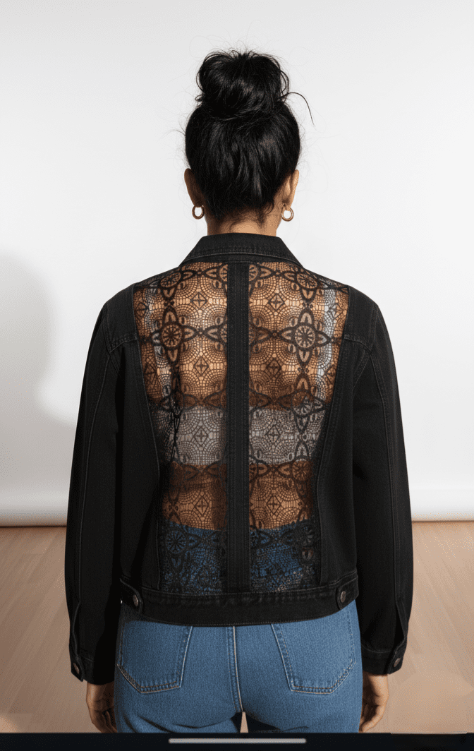 Wholesale Black Denim Jackets with Sheer Lace Back | Gothic Inspired Outerwear Manufacturer & Exporter