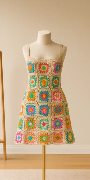 Handmade crochet granny square dress in a colorful, vintage-inspired design. Wholesale crochet dress made with cotton thread, ideal for summer apparel exports. A model wearing a knee-length, handmade bohemian crochet dress.