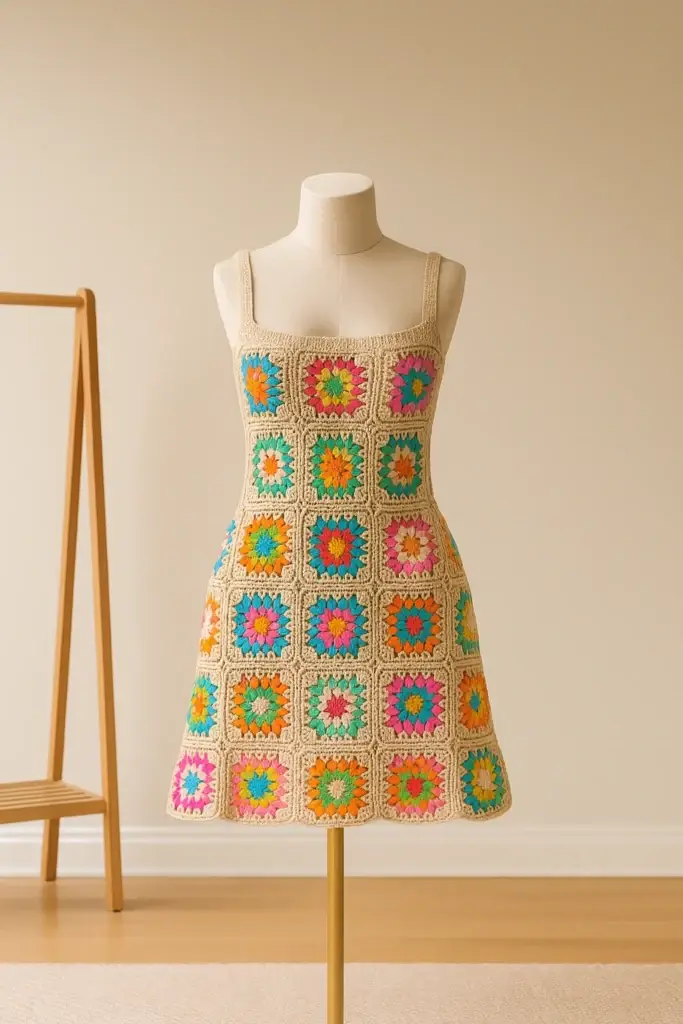 Handmade crochet granny square dress in a colorful, vintage-inspired design. Wholesale crochet dress made with cotton thread, ideal for summer apparel exports. A model wearing a knee-length, handmade bohemian crochet dress.