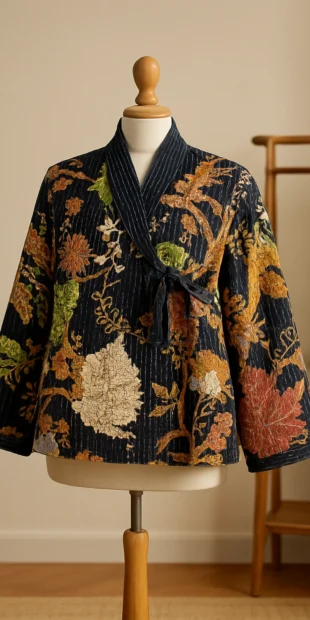 A handcrafted Kantha reversible jacket with a bohemian floral pattern. Wholesale Kantha jacket for bulk orders, showing the front tie detail. Closeup shot of the Kantha stitch and reversible fabric on a jacket.