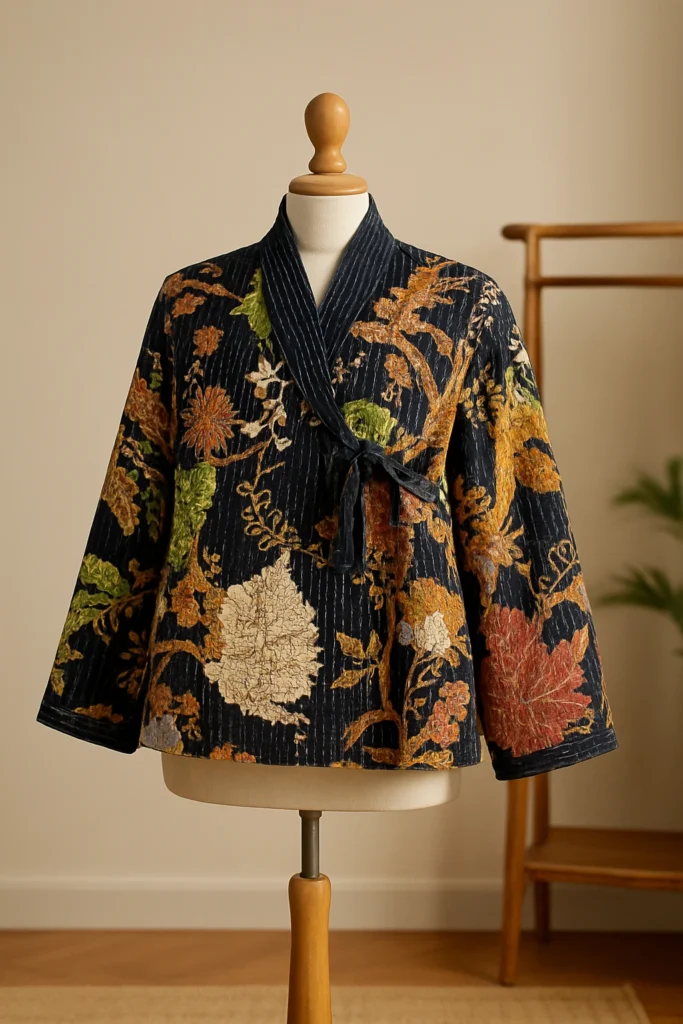 A handcrafted Kantha reversible jacket with a bohemian floral pattern. Wholesale Kantha jacket for bulk orders, showing the front tie detail. Closeup shot of the Kantha stitch and reversible fabric on a jacket.